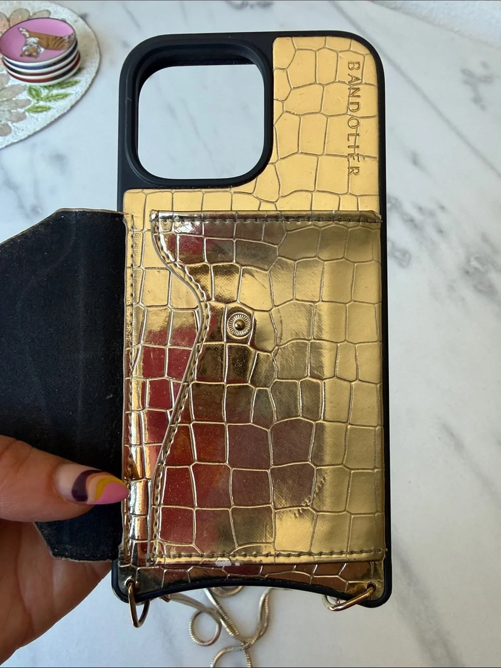 Bandolier Gold Croc Card Pocket Phone Case with Chain Strap iphone16 promax